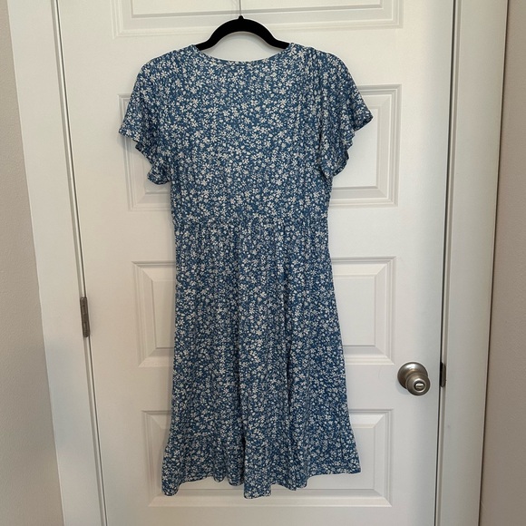 Maternity Smocked Short Sleeve Summer Dress V Neck Boho Ruffle Casual Swing Midi - Picture 9 of 11